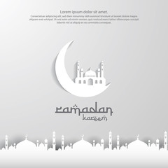 Ramadan Kareem islamic greeting card design with 3D moon and dome mosque element in paper cut style. background Vector illustration.