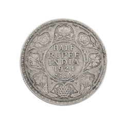 George V King Emperor, Half Rupee India 1924, Indian old Coin or Indian Currency Isolated on White Background