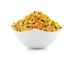 Indian Namkeen Food Navratan Mixture or Navratna Mix Namkeen Also Know As Nimco, Namkin, Mixture or Nimko Isolated on White Background