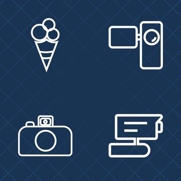 Premium set of outline vector icons. Such as record, summer, tripod, video, equipment, safe, sign, police, frozen, lens, security, food, old, technology, dessert, sweet, chocolate, flavor, film, photo