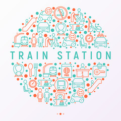 Train station concept in circle with thin line icons: information, ticket office, toilet, taxi, metro, waiting room, luggage storage, turnstile, no smoking, bicycles rent. Vector illustration.