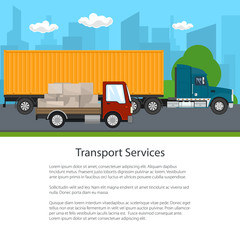 Road Transport and Logistics, Truck and Small Cargo Van with Boxes Drive on the Road on the Background of the City, Transport Services, Poster Flyer Brochure Design, Vector Illustration