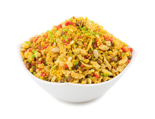 Indian Namkeen Food Navratan Mixture or Navratna Mix Namkeen Also Know As Nimco, Namkin, Mixture or Nimko Isolated on White Background
