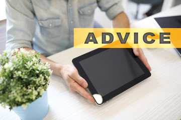 Advice text on virtual screen. Business technology and internet concept.