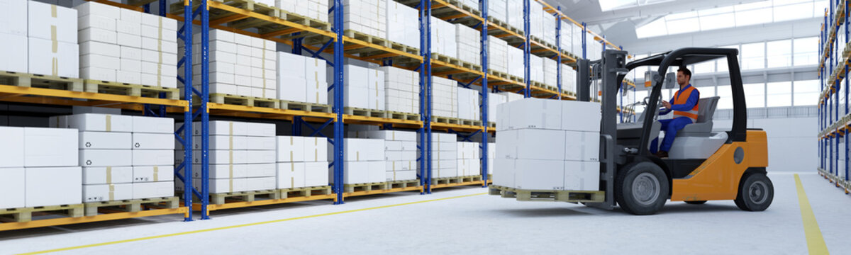 Arbeiter mit Gabelstapler und Kartons in Lagerhalle