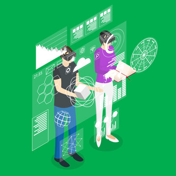 Virtual Reality Man and Woman with Futuristic Technology Display Concept Isometric View. Vector