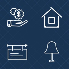 Premium set of outline vector icons. Such as sign, currency, estate, construction, salary, architecture, bulb, real, electricity, advertising, billboard, house, poster, advertisement, bank, modern, ad