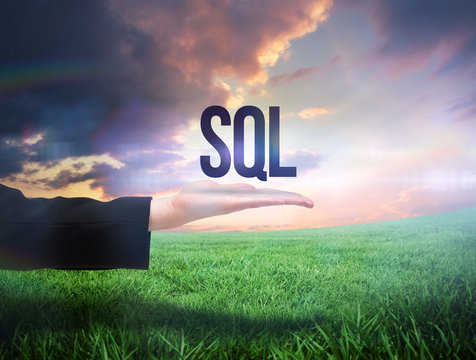 Businesswomans hand presenting the word sql against green field under orange sky