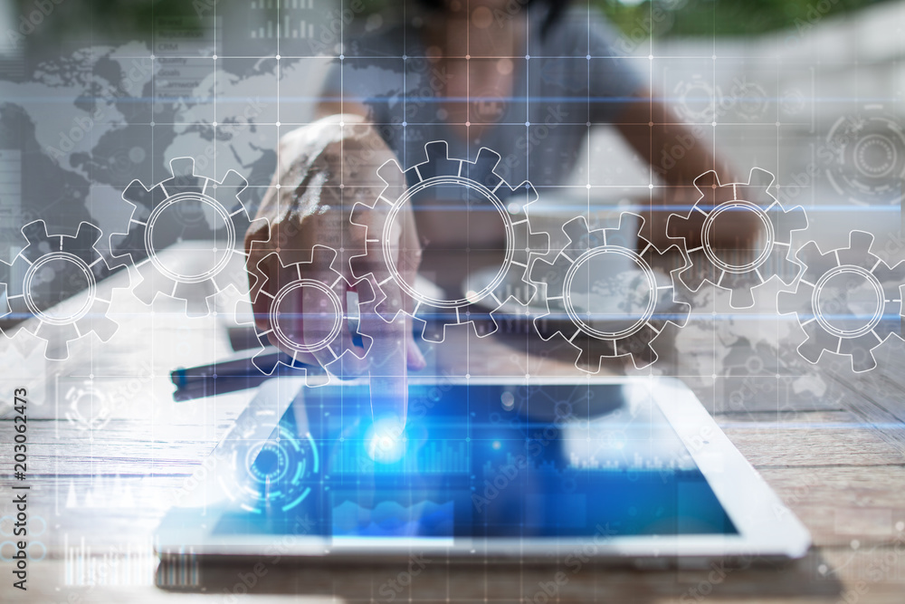 Poster gears on virtual screen. business strategy and technology concept. automation process.