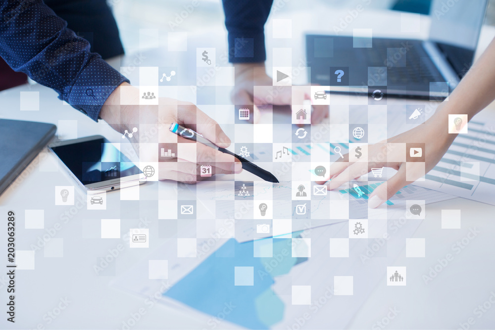 Poster virtual screen interface with applications icons. apps. strategy planning internet technology concep