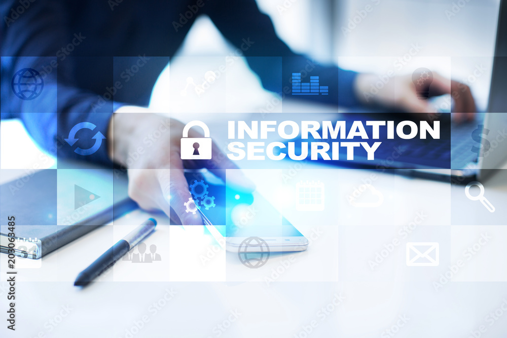 Poster information security and data protection concept on the virtual screen.