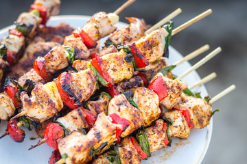 Close up pf delicious chicken breast on wooden skew with fresh vegetables, garlic, paprika fried on mangal barbeque grill