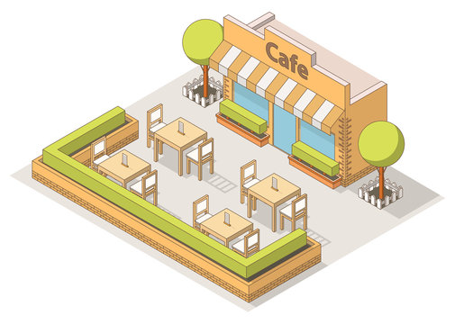 Isometric street cafe interior,tables and chairs,trees.Infographic element restaurant building.Wood products.Line art flat vector.Brick fencing bushes,verandah.Mobile application navigation map