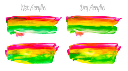 Obraz premium Vector colorful paint smear stroke stain set. Abstract acrylic textured art illustration. Texture Paint Stain Illustration. Hand drawn brush strokes vector elements. Purple, yellow, green colors.