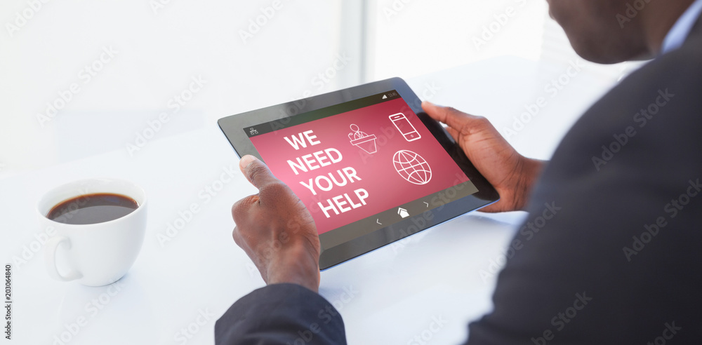 Poster we need your help text with various icons on screen against businessman using digital tablet
