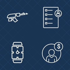 Premium set of outline vector icons. Such as candidate, minute, military, soldier, resume, automatic, employment, danger, economy, wrist, white, watch, assault, rifle, hour, interview, checklist, gun