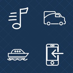 Fototapeta na wymiar Premium set of outline vector icons. Such as song, car, note, cargo, boat, blue, transfer, technology, traffic, tune, symphony, water, mobile, speed, van, cruise, phone, abstract, musical, delivery