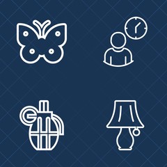 Premium set of outline vector icons. Such as grenade, nature, natural, yellow, collection, deadline, hand, colorful, war, bulb, lamp, dangerous, clock, combat, insect, hour, work, fly, watch, concept