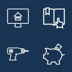 Fototapeta na wymiar Premium set of outline vector icons. Such as computer, coin, electric, machine, sign, document, rent, work, home, page, library, finance, market, business, online, hand, residential, banking, real