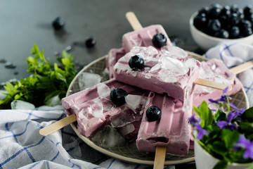 Obraz na płótnie Canvas Blueberry popsicle ice cream on a dark background