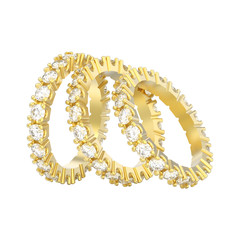 3D illustration isolated three yellow gold eternity band diamond rings