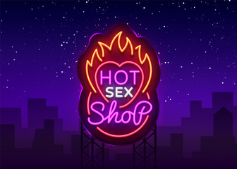 Sex shop logo in neon style. Design Pattern, Hot Sex Shop Neon sign, Light banner on the theme of the sex industry, Bright neon advertising for your projects. Vector. Billboard