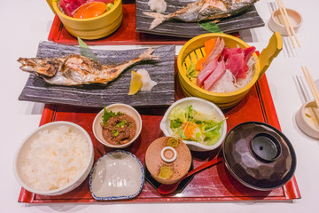 Fototapeta na wymiar Japanese food set , sashimi and grilled fish.