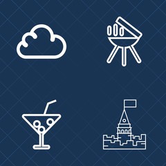 Premium set of outline vector icons. Such as palace, king, juice, ice, cocktail, network, glass, food, cooking, grilled, picnic, meal, party, medieval, tropical, cloud, summer, grilling, alcohol, cook