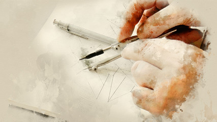 Man drawing a drawing with a compass. Watercolor background