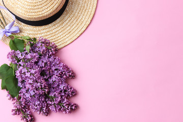 lilac and straw hat on a colored background with place for inserting text. minimalism, design, top...