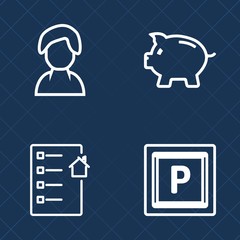 Premium set of outline vector icons. Such as bank, agreement, profile, mortgage, silhouette, transport, home, urban, banking, finance, coin, cash, female, document, girl, business, transportation, car
