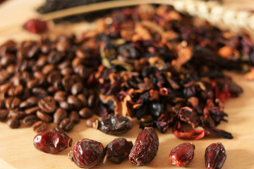 Coffee beans and herbal tea