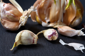 Garlic parts close up on dark black background, shallow depth of field, selective focus, macro
