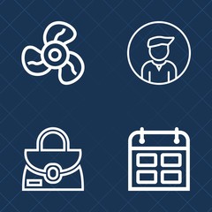 Premium set of outline vector icons. Such as air, young, electric, object, plan, white, luggage, propeller, day, men, man, fashion, equipment, accessory, climate, cool, handle, office, handbag, guy