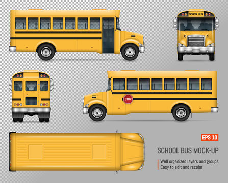 School bus vector mock-up. Isolated template of yellow autobus on transparent background. Vehicle branding mockup. Side, front, back, top view.