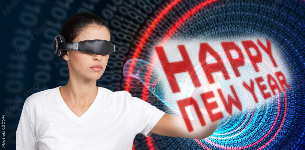 Poster beautiful woman gesturing while using virtual video glasses against binary spiral with red glow