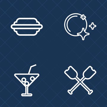 Premium set of outline vector icons. Such as cocktail, oar, glass, space, river, star, food, alcohol, bun, fresh, beef, hamburger, moon, light, burger, sleep, summer, sky, nature, drink, moonlight