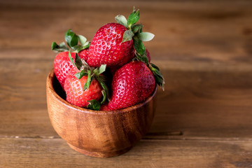 Fresh Tasty Strawberries in Wooden Bowl Wooden Rustic Background Copy Space