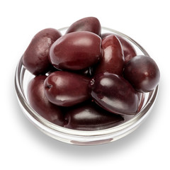 black olives isolated in glass bowl on white background