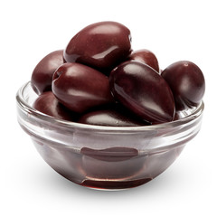 black olives isolated in glass bowl on white background