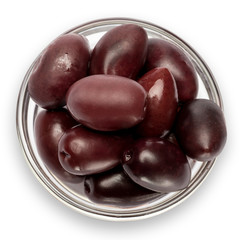 black olives isolated in glass bowl on white background