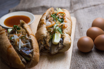 Vietnamese sandwich with ham, pate, cilantro, and carrot