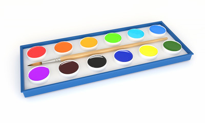 3D rendering school set of acrylic paints in a box with a brush on a white background isolated