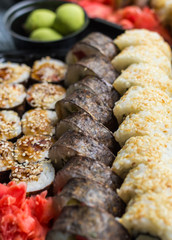 Sushi set: sushi roll with salmon and sushi roll with smoked eel, selective focus.