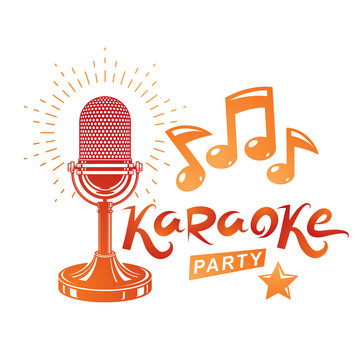 Karaoke party invitation poster, live music vector concert advertising leaflet composed using stage or recorder microphone and musical notes.