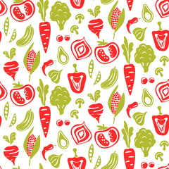 Seamless food pattern vector background. Organic vegetables red and green texture.