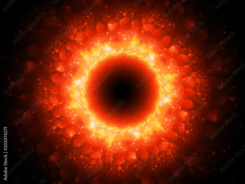 Wall mural fiery glowing magical stargate in space with hexagonal patterns