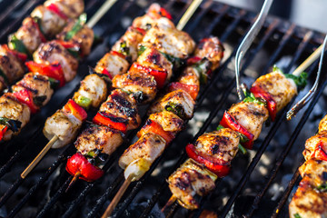 Close up pf delicious chicken breast on wooden skew with fresh vegetables, garlic, paprika fried on...