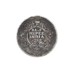 George V King Emperor, Half Rupee India 1919, Indian old Coin or Indian Currency Isolated on White Background