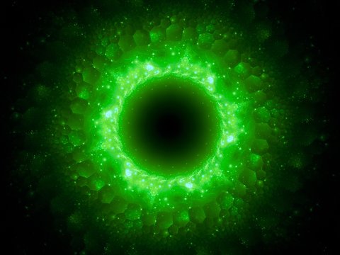 Green glowing magical stargate in space with hexagonal patterns